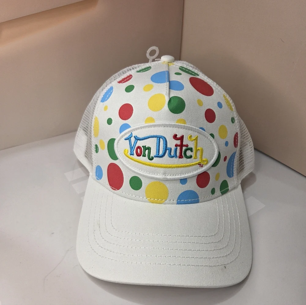 🤍▪️Von Dutch▪️ Polka Dot Trucker Hat White Mesh Adjustable Cap NWT